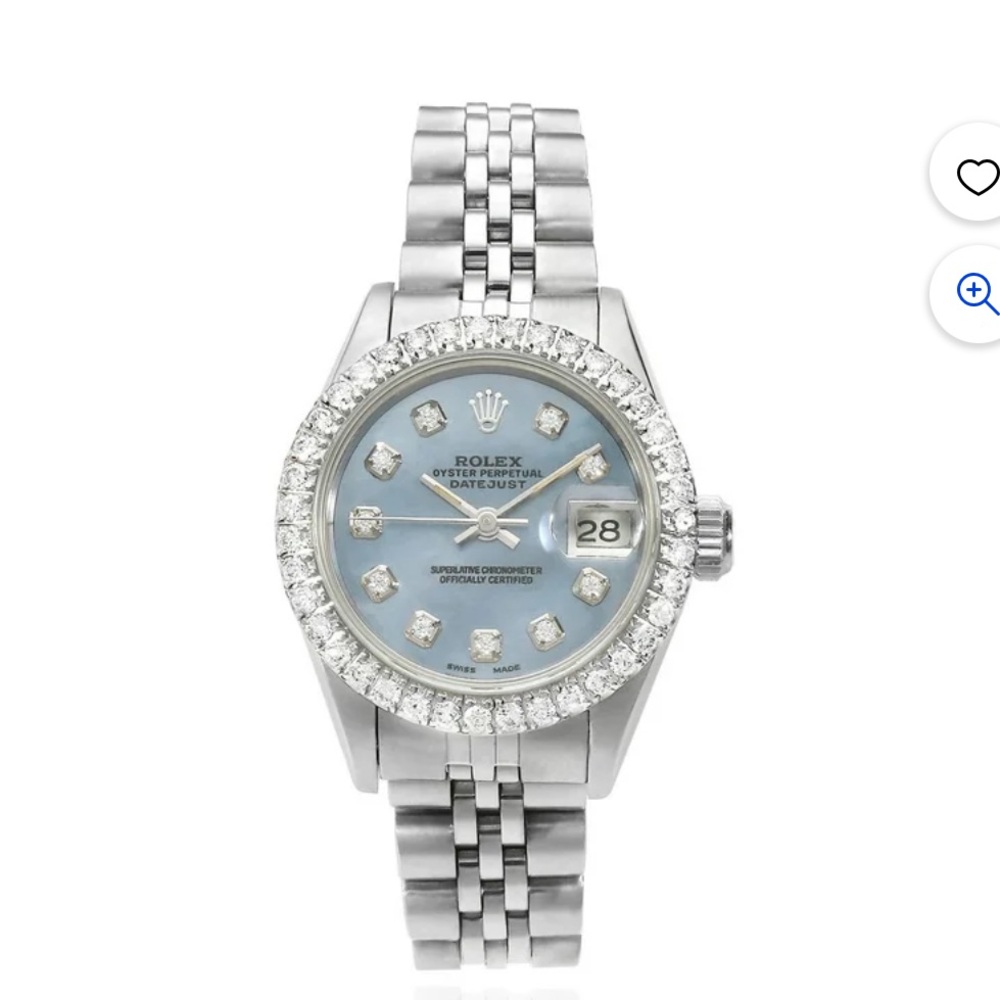Rolex Blue Oyster Perpetual Lady Date 26mm watch, jubilee band, diamonds 90s